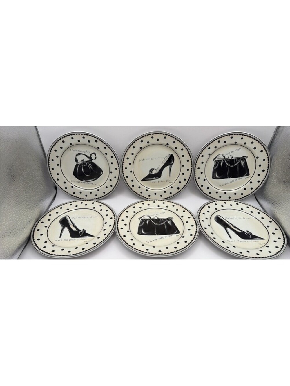 Sakura Mademoiselle Stoneware Canape Plates Set of 6 Polka Dot Round Fashion